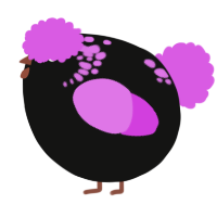 A black and orchid chicken with a neck-speckle pattern