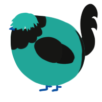 A turquoise and black chicken with a head pattern