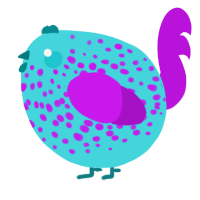 A aqua and amethyst chicken with a speckle pattern