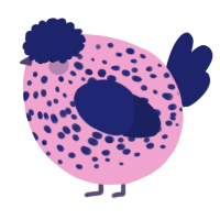 A pink and navy chicken with a speckle pattern