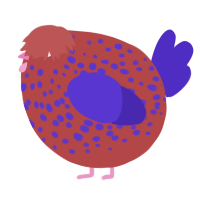 A red and indigo chicken with a speckle pattern
