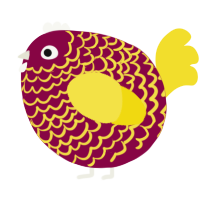 A maroon and yellow chicken with a lace pattern