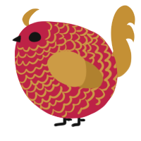 A crimson and gold chicken with a lace pattern