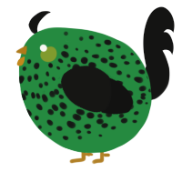 A viridian and black chicken with a speckle pattern