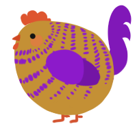 A gold and violet chicken with a bar pattern