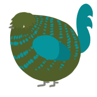 A olive and teal chicken with a bar pattern