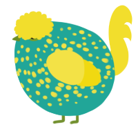 A turquoise and yellow chicken with a speckle pattern