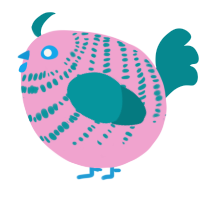 A pink and teal chicken with a bar pattern