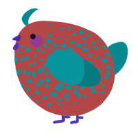 A red and teal chicken with a speckle pattern