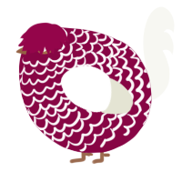 A maroon and white chicken with a lace pattern