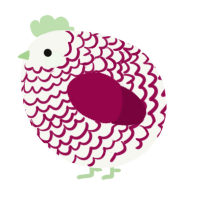 A white and maroon chicken with a lace pattern