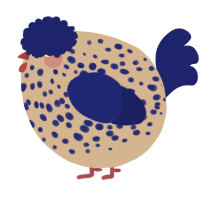 A beige and navy chicken with a speckle pattern