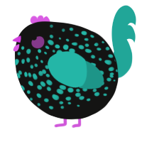 A black and turquoise chicken with a speckle pattern