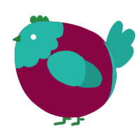A maroon and turquoise chicken with a head pattern
