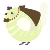 A apple and white chicken with a bar pattern