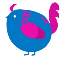 A sapphire and fuchsia chicken with a neck-speckle pattern