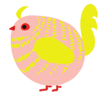 A rose and yellow chicken with a bar pattern