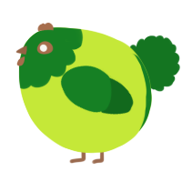 A lime and leaf chicken with a head pattern