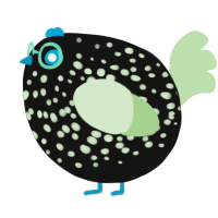A black and gluppy chicken with a speckle pattern