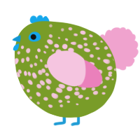 A chartreuse and pink chicken with a speckle pattern