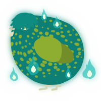 A sea and chartreuse chicken with a speckle pattern