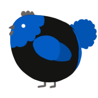 A black and ultramarine chicken with a head pattern