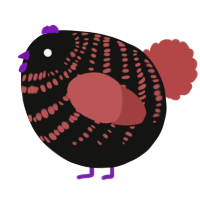 A black and red chicken with a bar pattern