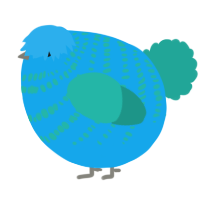 A sky and turquoise chicken with a bar pattern