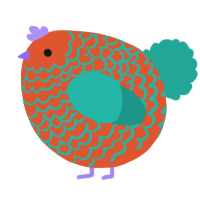 A vermilion and turquoise chicken with a lace pattern