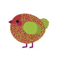 A crimson and chartreuse chicken with a double-lace pattern