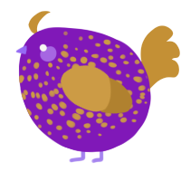 A violet and gold chicken with a speckle pattern