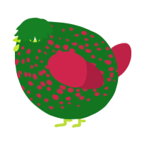 A leaf and crimson chicken with a speckle pattern