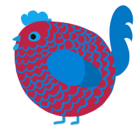 A crimson and sapphire chicken with a lace pattern