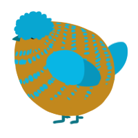 A ochre and cerulean chicken with a bar pattern