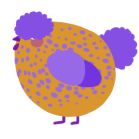 A orange and blurple chicken with a speckle pattern