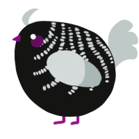 A black and silver chicken with a half-bar pattern