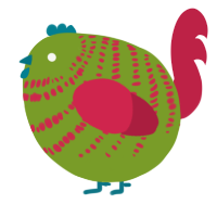 A chartreuse and crimson chicken with a bar pattern