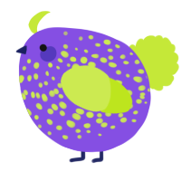 A blurple and lime chicken with a speckle pattern