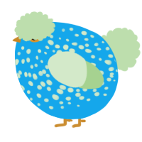 A sky and gluppy chicken with a speckle pattern
