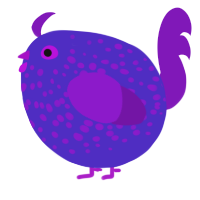 A indigo and violet chicken with a speckle pattern