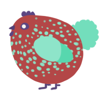 A red and mint chicken with a speckle pattern