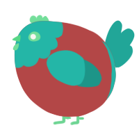 A red and turquoise chicken with a head pattern