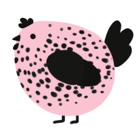 A rose and black chicken with a speckle pattern