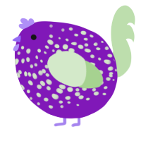 A violet and gluppy chicken with a speckle pattern