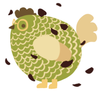 A chartreuse and beige chicken with a lace pattern
