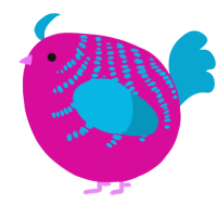 A fuchsia and cerulean chicken with a half-bar pattern