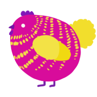 A fuchsia and yellow chicken with a bar pattern