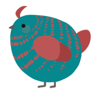 A teal and red chicken with a bar pattern