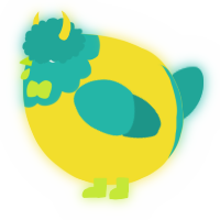 A yellow and turquoise chicken with a head pattern