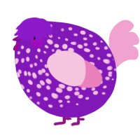 A violet and pink chicken with a speckle pattern